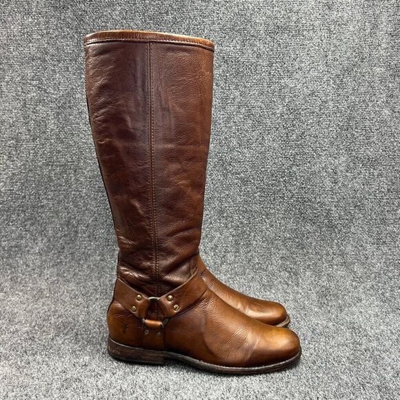 Frye Phillip Boots Women's Size 8 Brown Rustic Leather Tall Harness Moto Riding - Picture 1 of 16